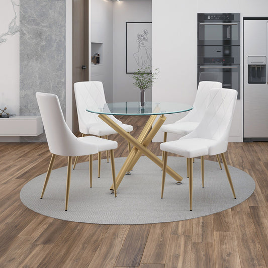 Glass Top 5-Piece Dining Set, Aged Gold Table and White Chairs