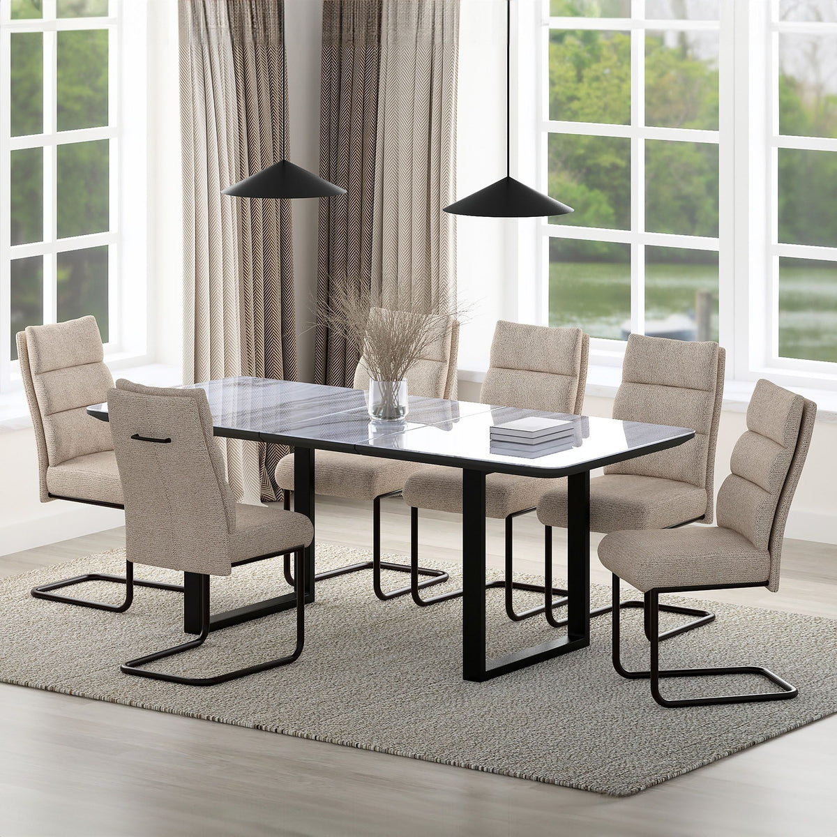 Glass Top 7-Piece Dining Set, Black Table and Beige Chairs – Extendable