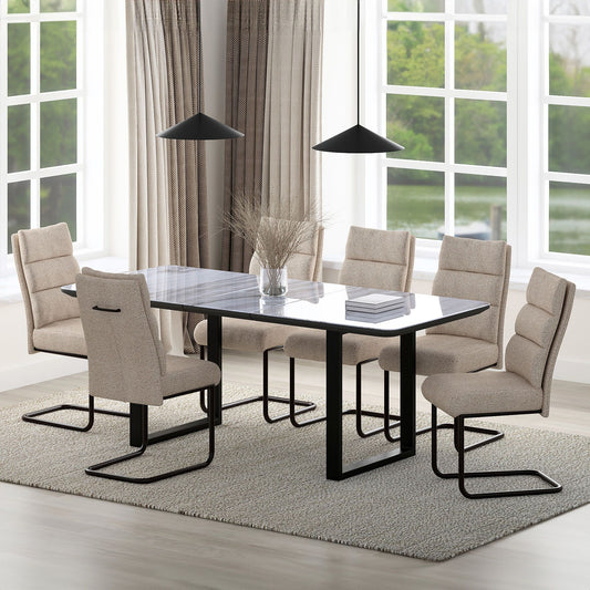 Glass Top 7-Piece Dining Set, Black Table and Beige Chairs – Extendable