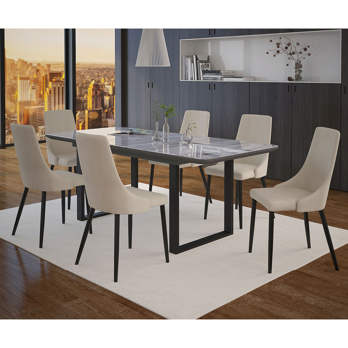 Glass Top 7-Piece Dining Set, Black Table and Beige Chairs