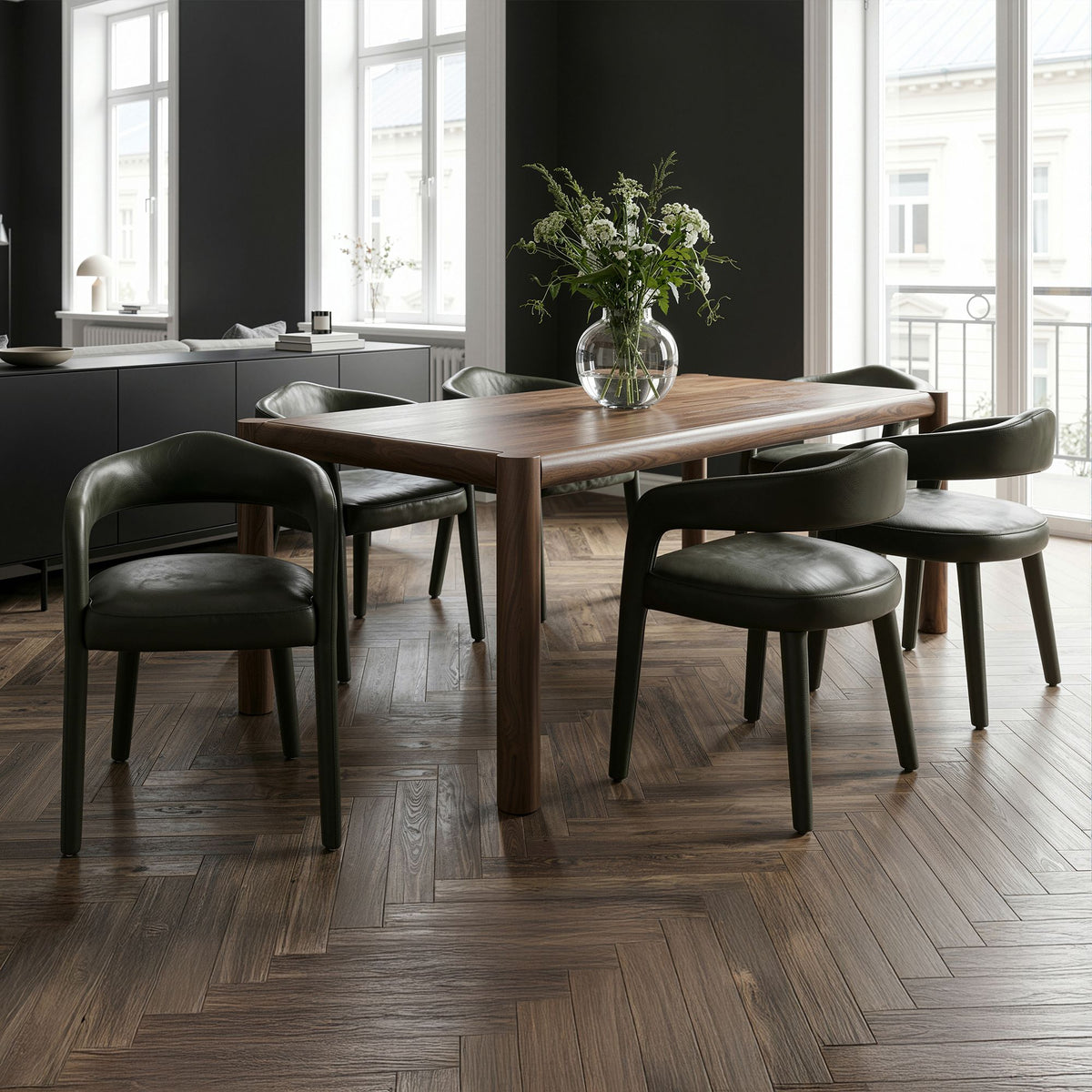 Solid Wood 7-Piece Dining Set, Walnut Table and Moss Chairs