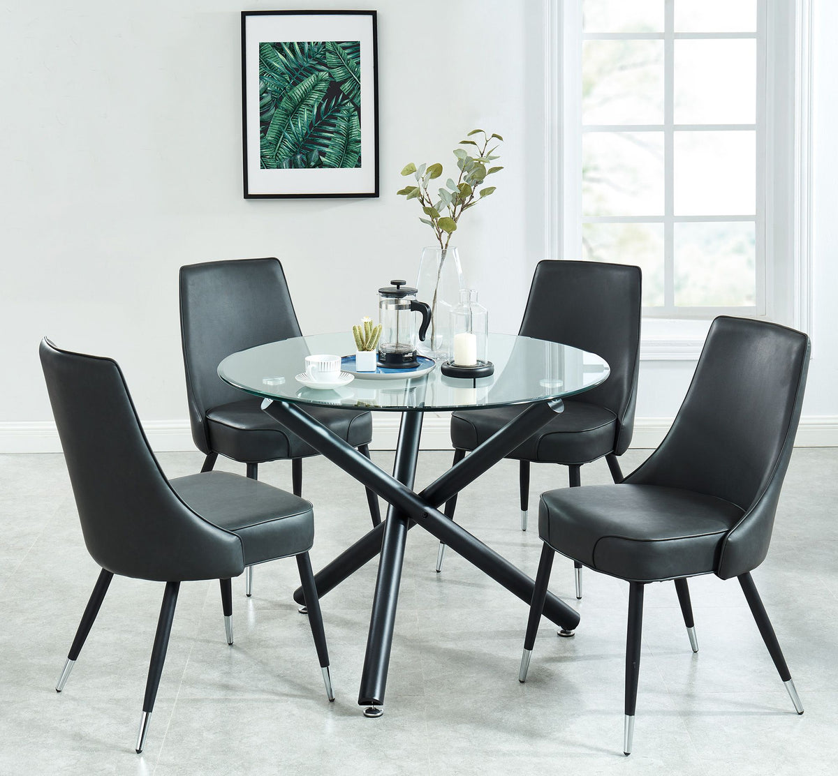 Glass Top 5-Piece Dining Set, Black Table and Vintage Grey Chairs
