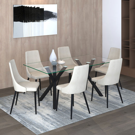 Glass Top 7-Piece Dining Set, Black Table and Beige Chairs – Style 2