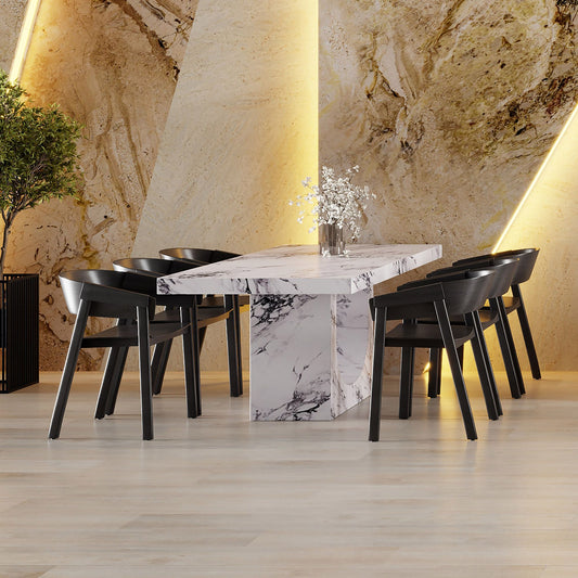 Concrete 7-Piece Dining Set, Bulgari White Table and Black Chairs