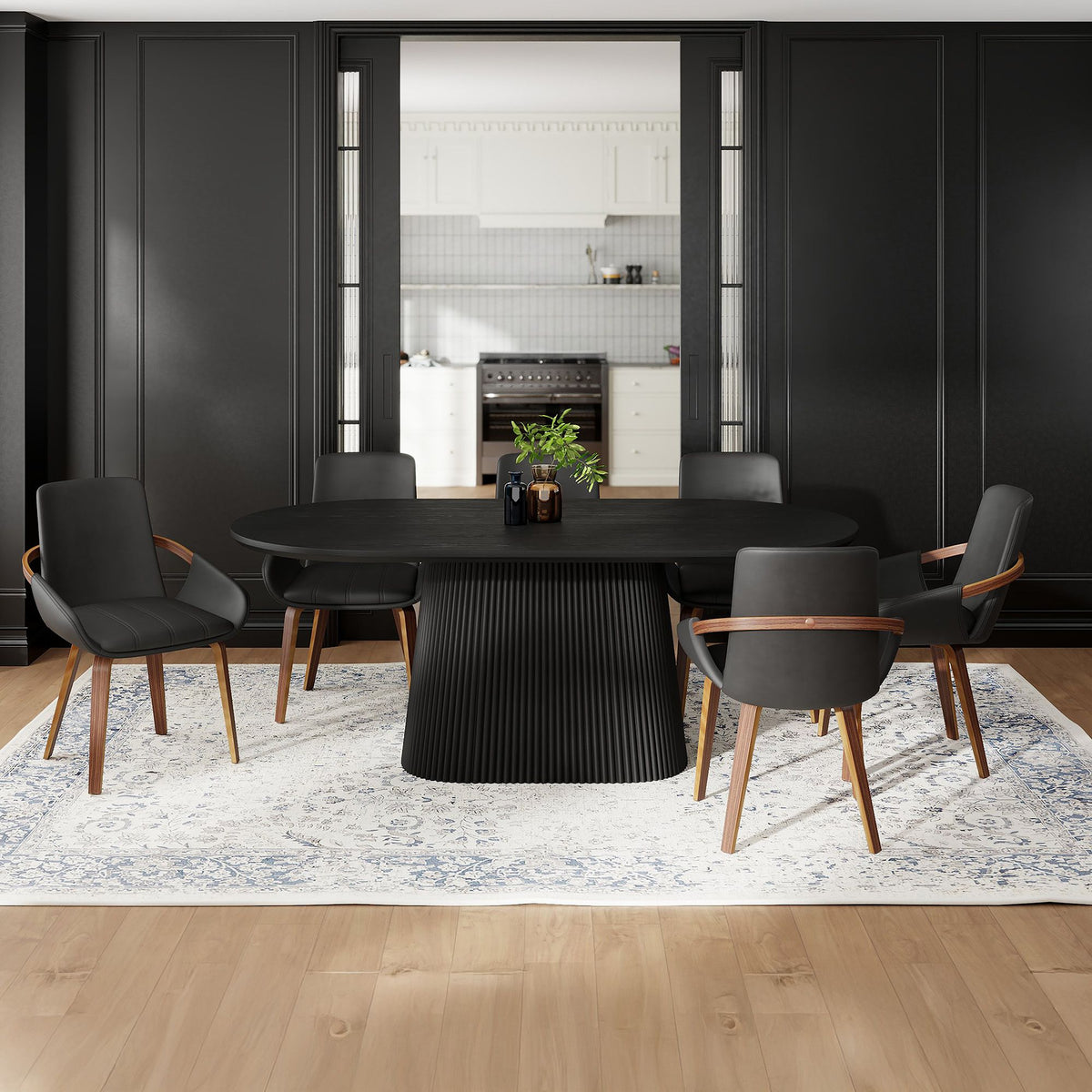 Wood 7-Piece Dining Set, Black Table and Dark Walnut Chairs