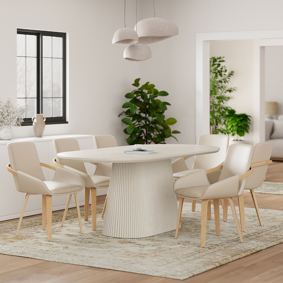 Wood 7-Piece Dining Set, Ivory Table and Sand and Natural Chairs