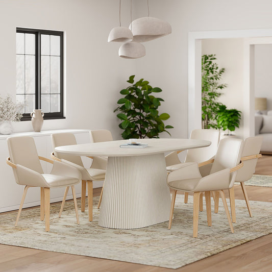 Wood 7-Piece Dining Set, Ivory Table and Sand and Natural Chairs