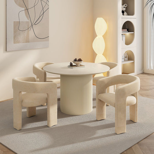 Wood Round 5-Piece Dining Set, Ivory Table and Beige Chairs