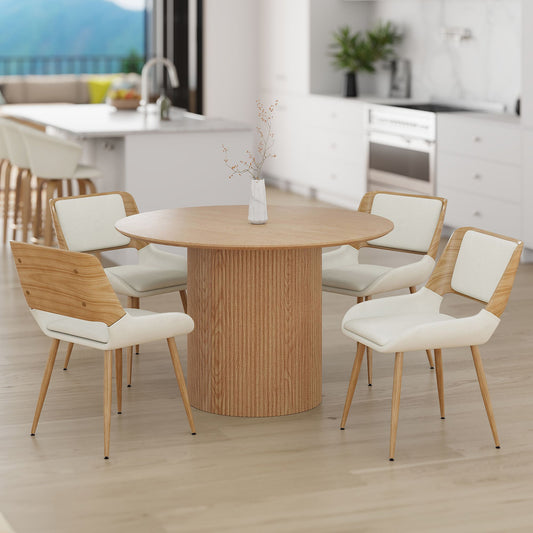 Wood Round 5-Piece Dining Set, Natural Table and Beige Chairs