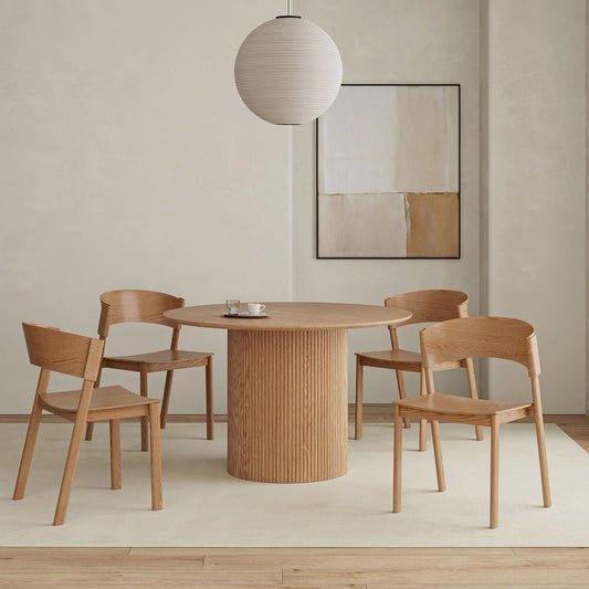 Solid Wood Round 5-Piece Dining Set, Natural Table and Natural Chairs
