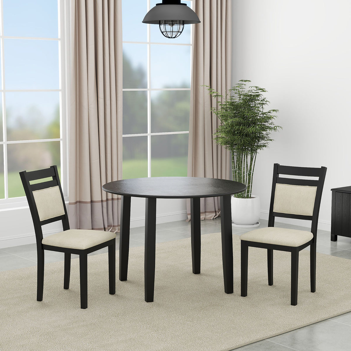 Wood Round 3-Piece Dining Set, Black Table and Black Chairs