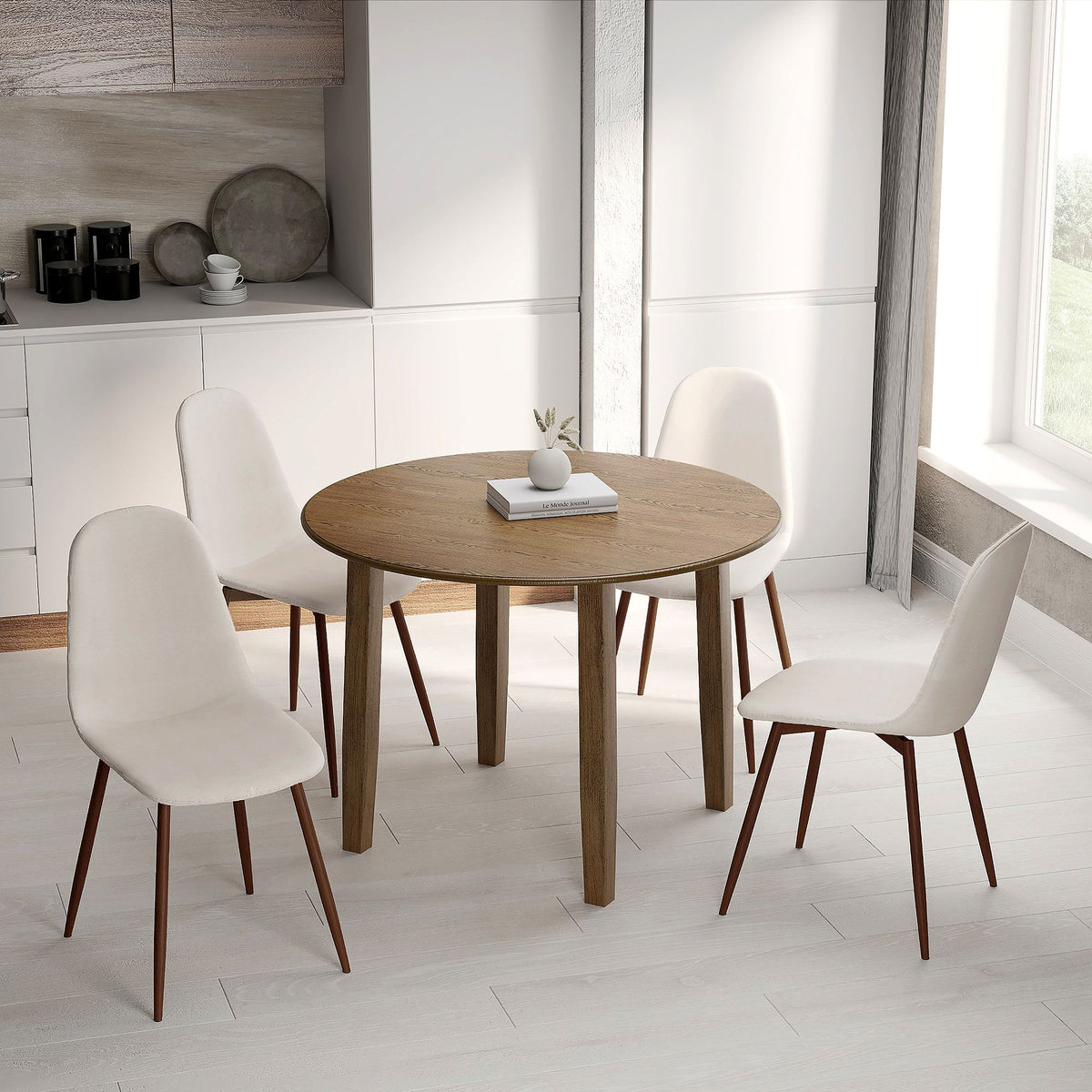 Wood Round 5-Piece Dining Set, Walnut Table and Beige Chairs