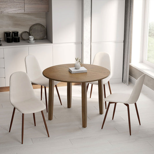 Wood Round 5-Piece Dining Set, Walnut Table and Beige Chairs
