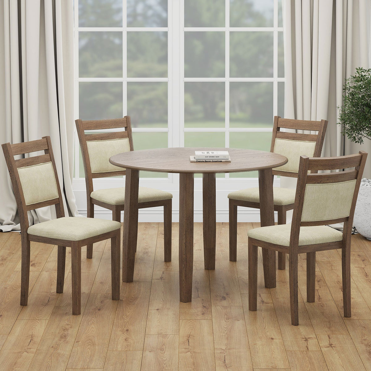 Wood Round 5-Piece Dining Set, Walnut Table and Walnut Chairs