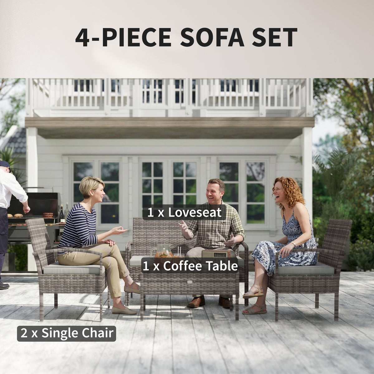 4 Pieces Patio Furniture Set with A Loveseat, Two Armchairs and A Coffee Table, Outdoor Conversation Set – Light Grey