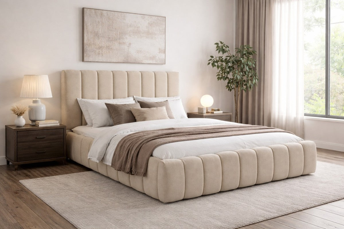 Channel-Tufted Bed Frame – Beige