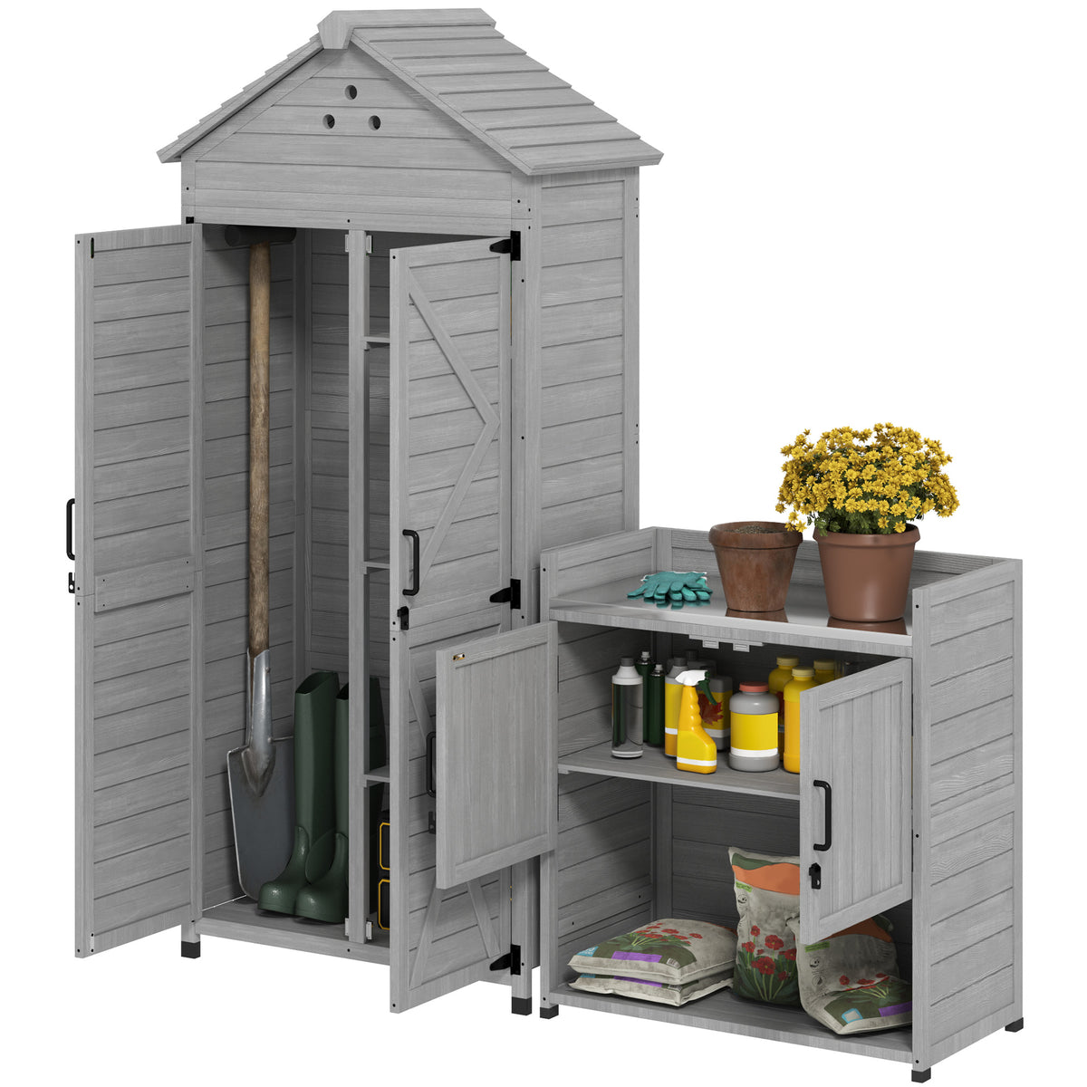 2-in-1 Outdoor Storage Cabinet, Wood Garden Shed with Shelves, Vent Holes, Foot Caps for Backyard, Patio, Lawn