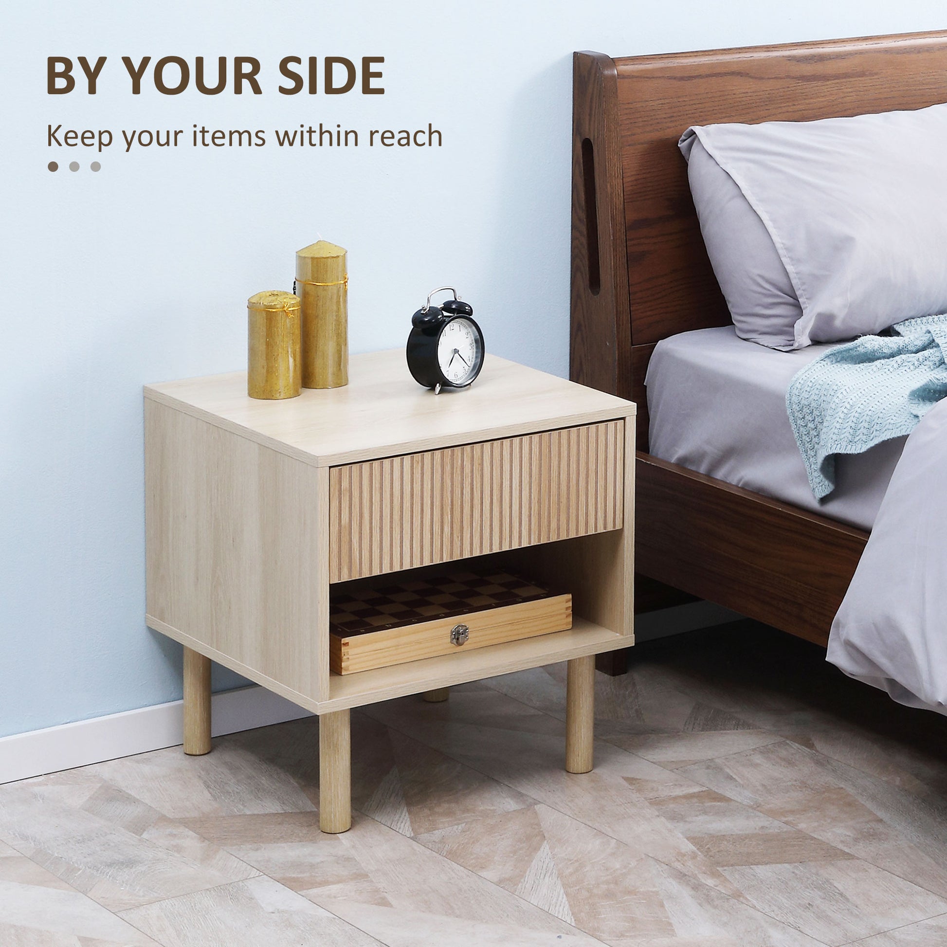 HOMCOM 2-Piece Modern Natural Wood Nightstands with Storage Drawer Shelf