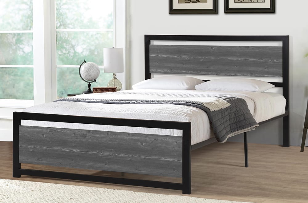 Titus T2233 Modern Distressed Wood Metal Platform Bed Frame
