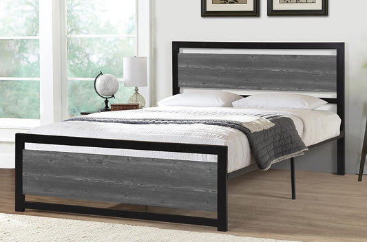 Titus T2233 Modern Distressed Wood Metal Platform Bed Frame
