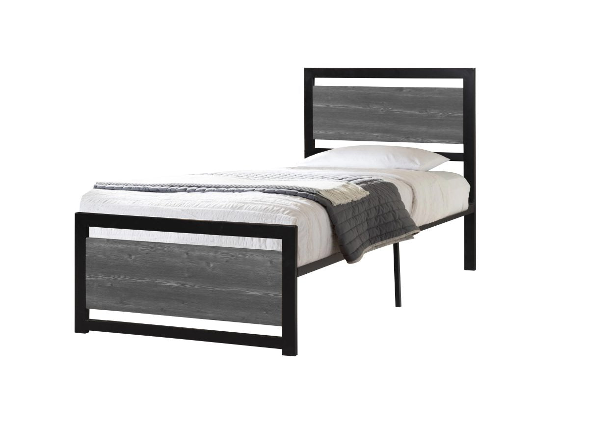 Titus T2233 Modern Distressed Wood Metal Platform Bed Frame