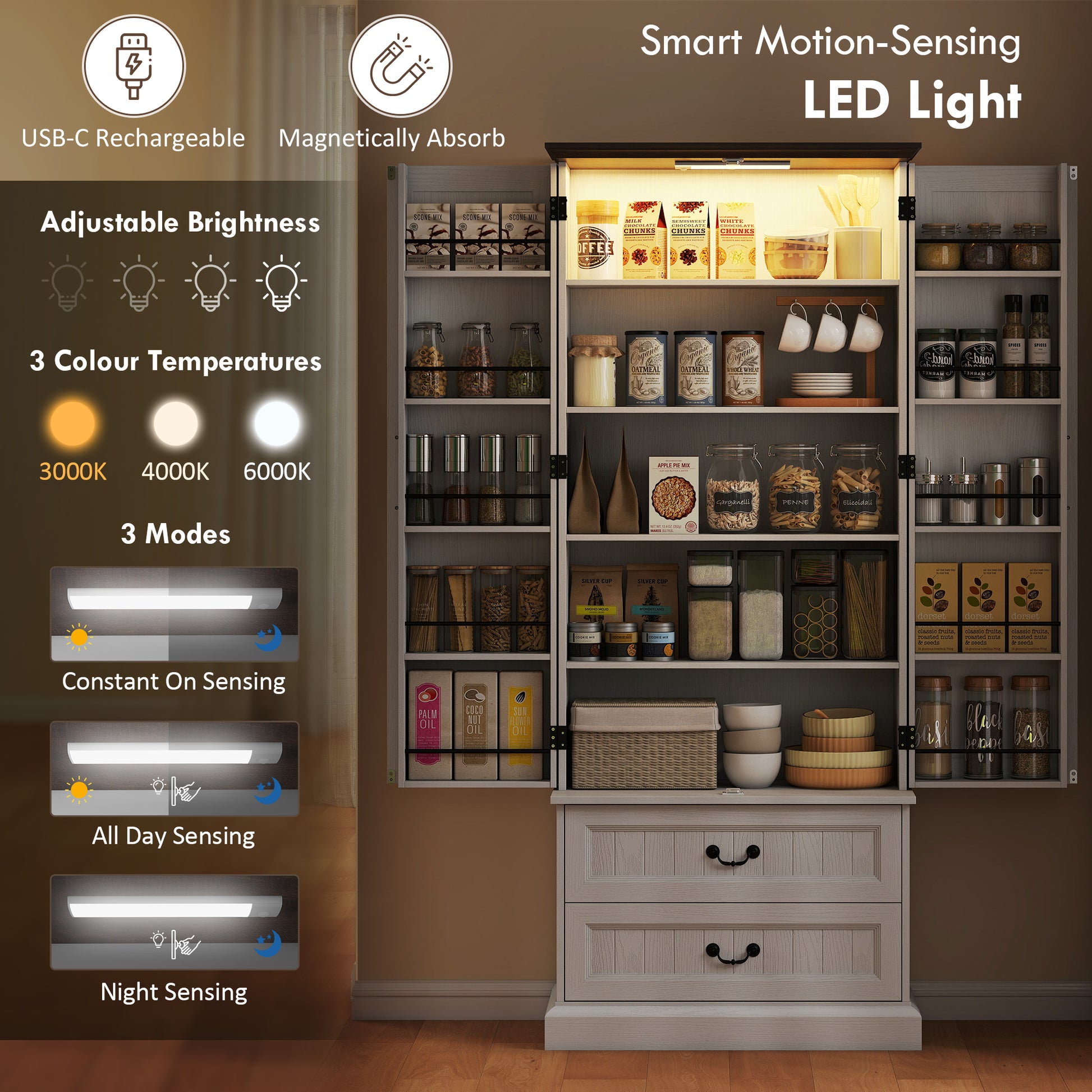 HOMCOM LED Kitchen Pantry Cabinet with Smart Sensor Light, White