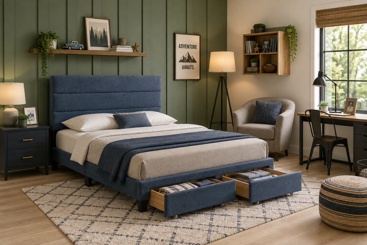 QUEEN PLATFORM STORAGE BED - BLUE