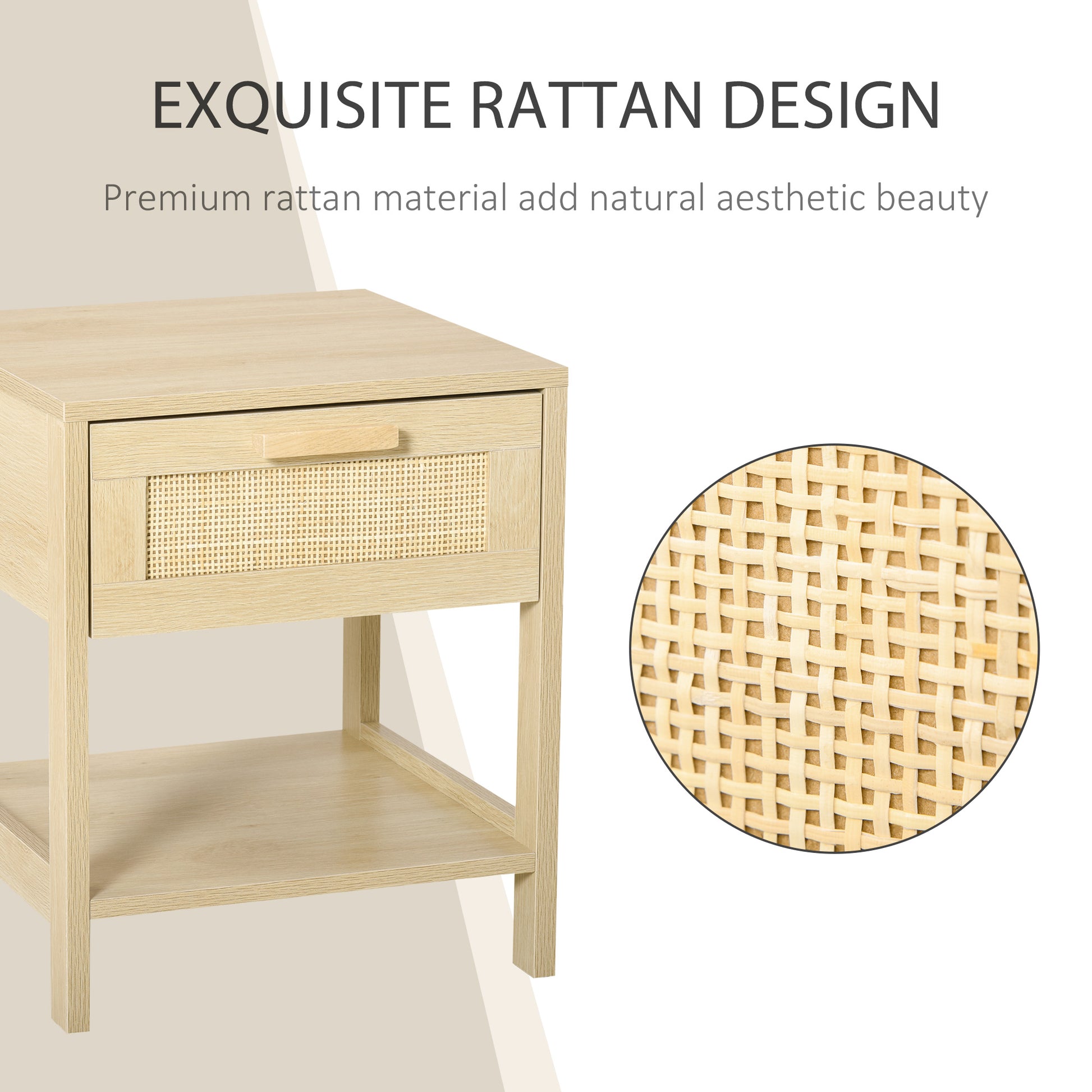 HOMCOM Natural Rattan Nightstand: Modern Bedside End Table with Storage