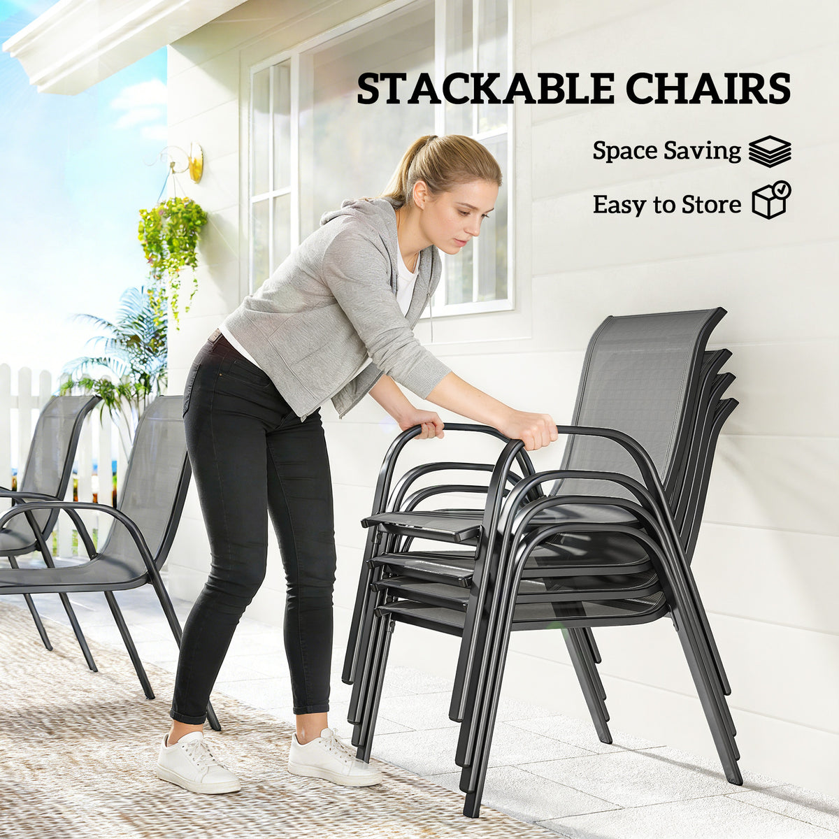 7 Pieces Outdoor Dining Set for 6, Patio Furniture Set with Rectangular Patio Table and Stackable Chairs