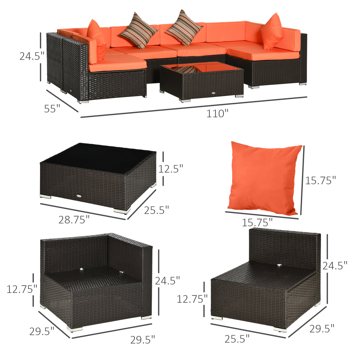 7 Pieces Outdoor Rattan Furniture Set, Patio Wicker Sectional Conversation Sofa Set – Orange