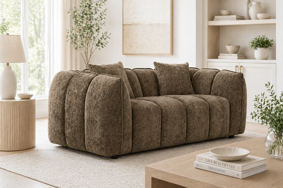 Channel-Tufted Love Seat – Taupe