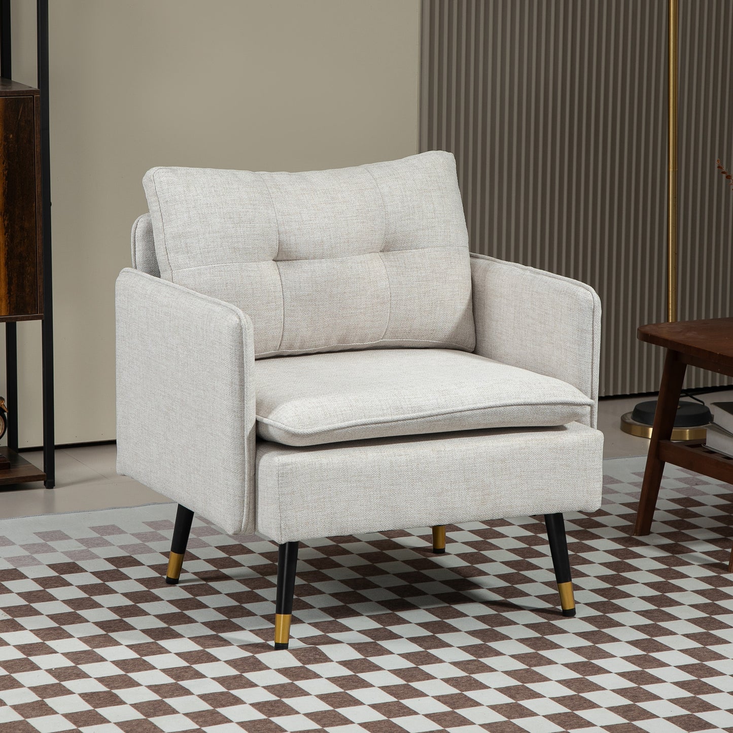 Modern Upholstered Accent Armchair with Tufted Back, Steel Legs, Cream White