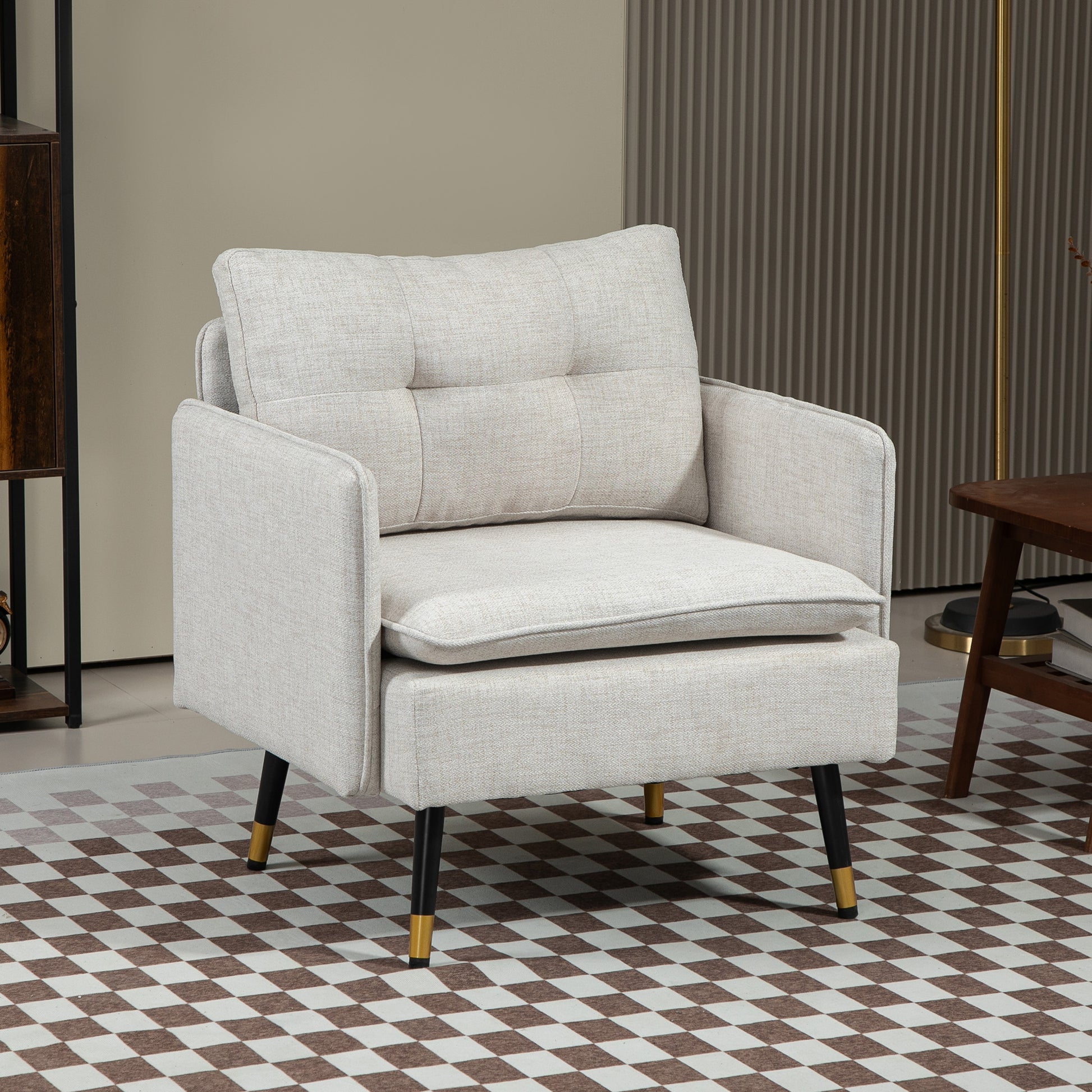 Modern Upholstered Accent Armchair with Tufted Back, Steel Legs, Cream White