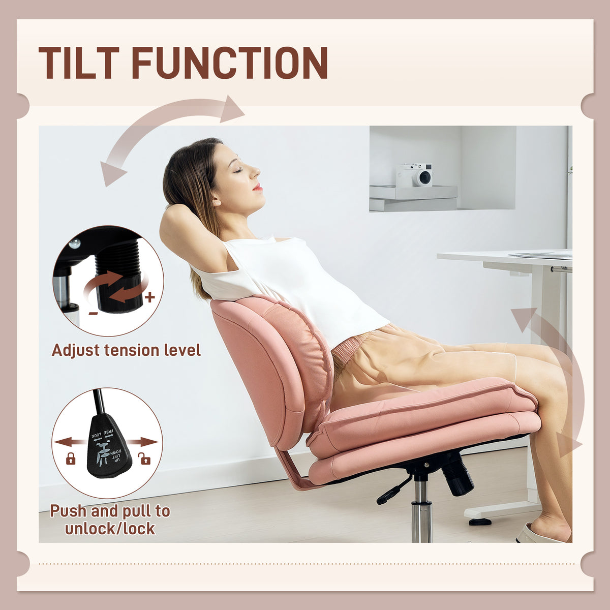 Criss Cross Chair, Armless Wide Office Chair with Leathaire Upholstery, Tilting, Pink