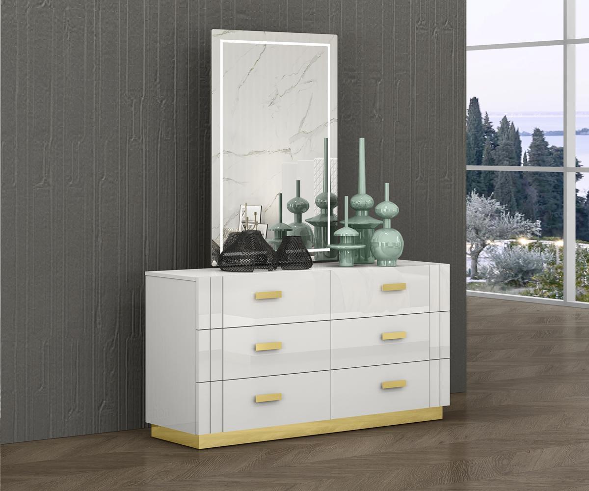 Tanner Modern White Lacquer Bedroom Furniture Set with Gold Accents & Smart Features
