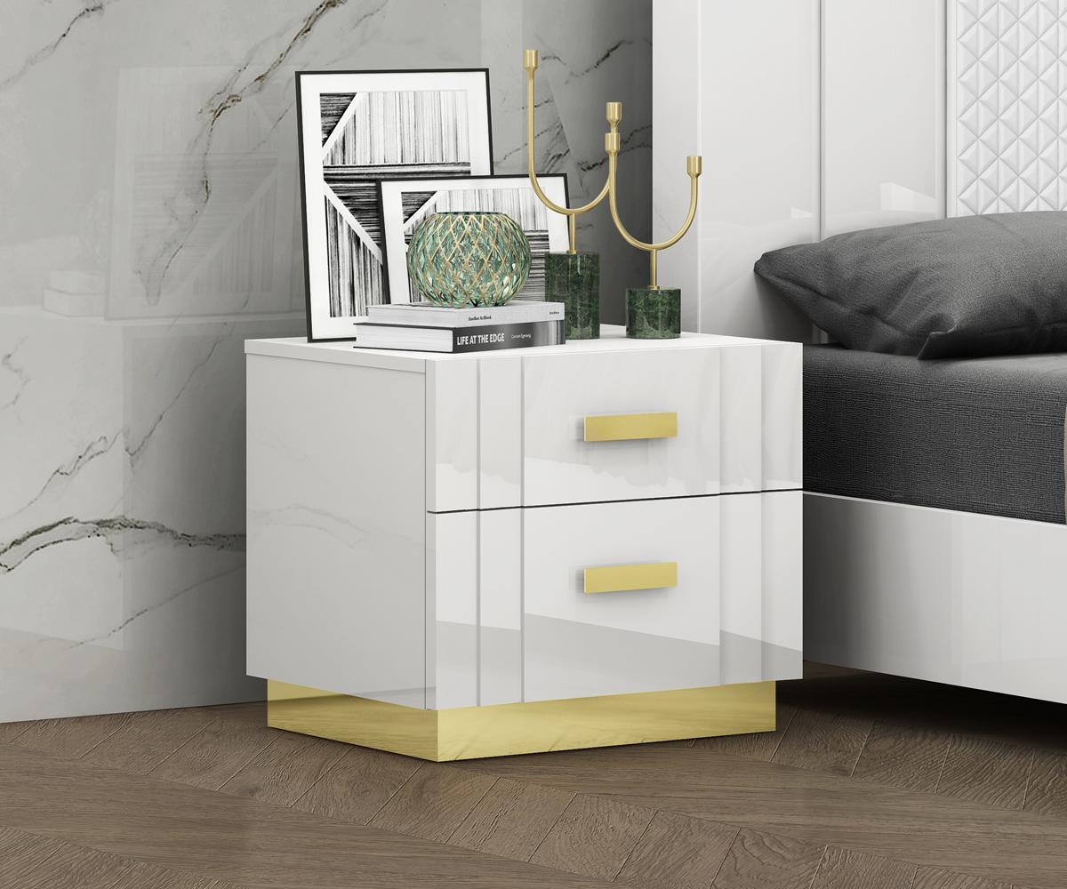 Tanner Modern White Lacquer Bedroom Furniture Set with Gold Accents & Smart Features