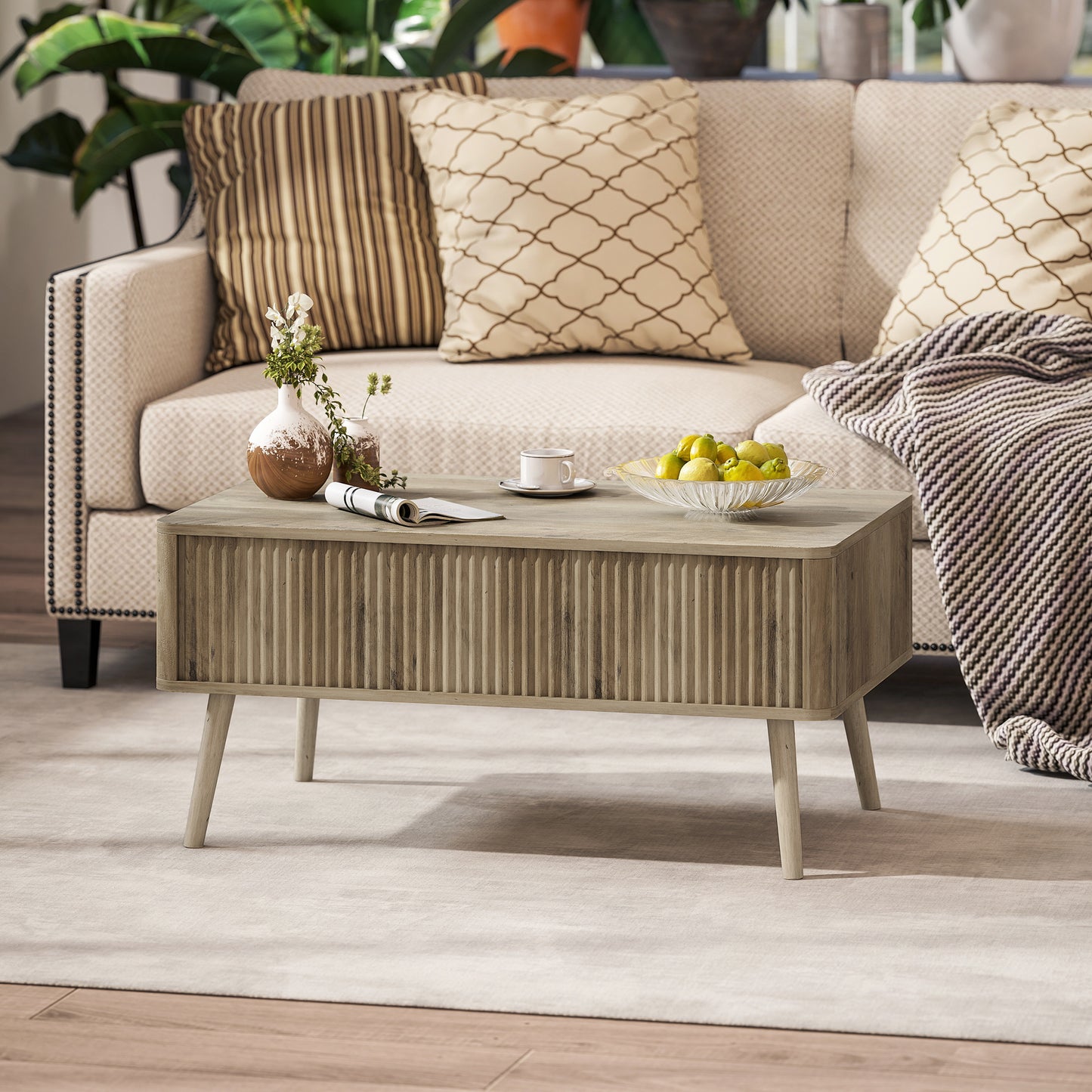 HOMCOM Modern Oak Lift Top Coffee Table with Hidden Storage, Pine Wood Legs