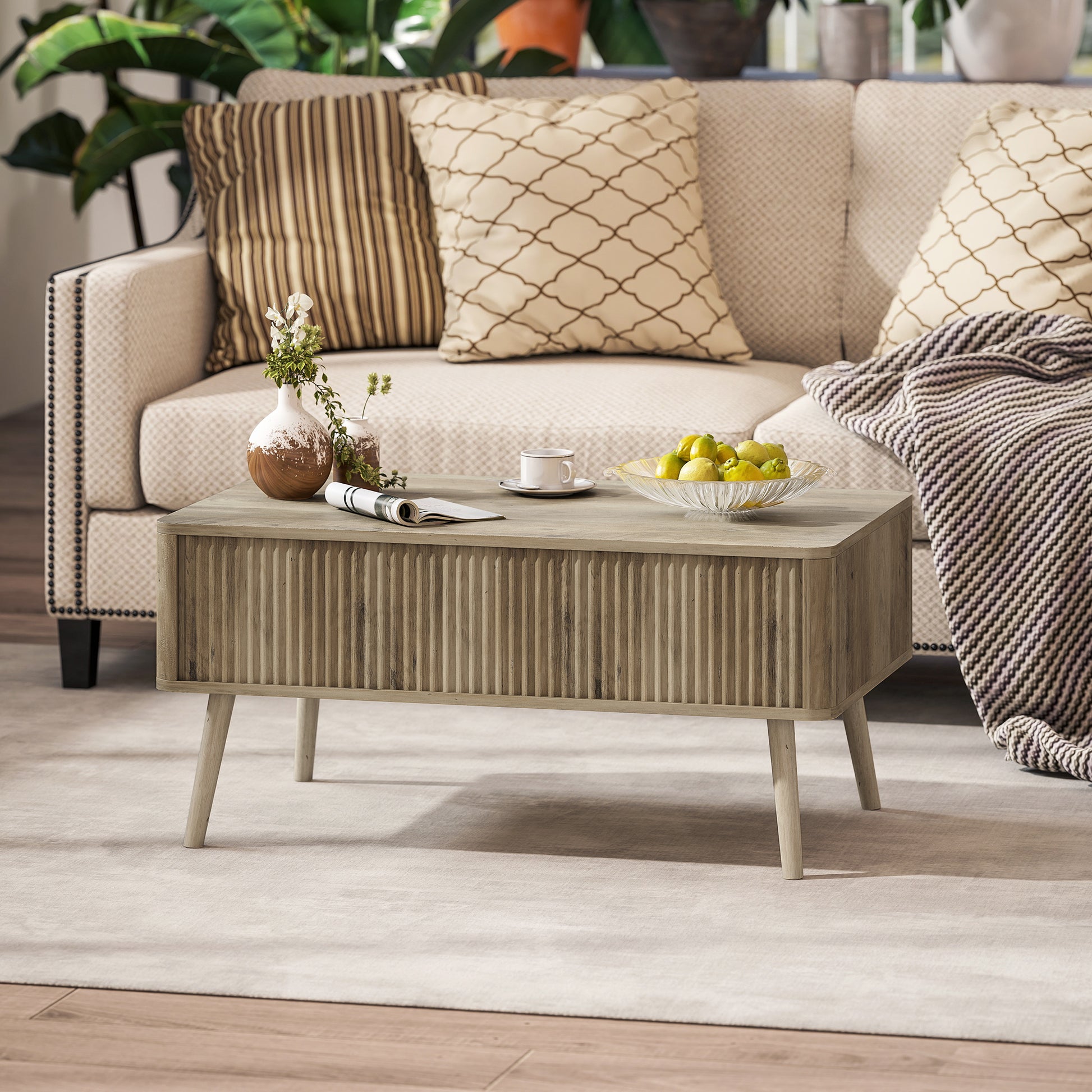 HOMCOM Modern Oak Lift Top Coffee Table with Hidden Storage, Pine Wood Legs