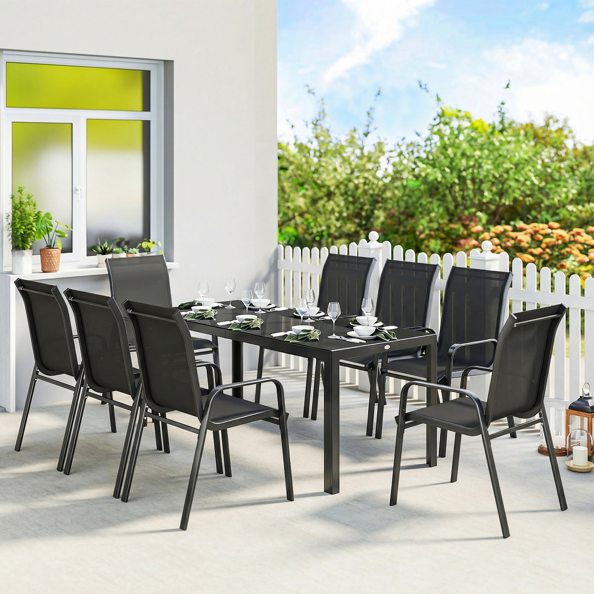 Outdoor Dining Sets for 8 with Stackable Chairs, Patio Dining Set with Glass Top Table for Garden, Patio, Backyard – Black