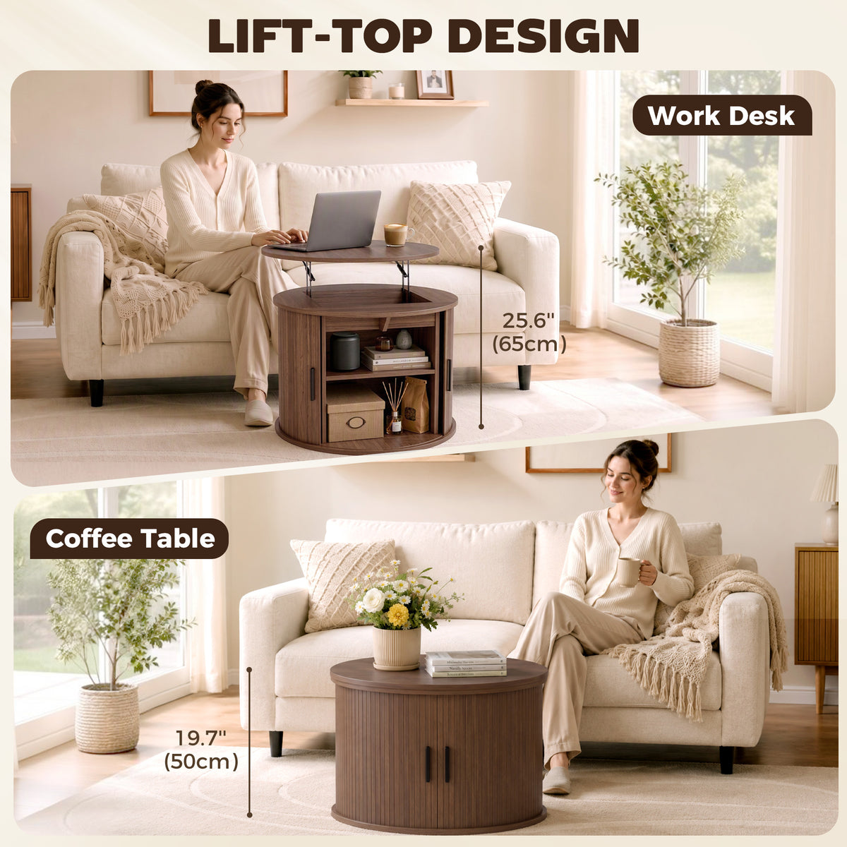 Round Fluted Lift-Top Coffee Table with Tambour Door Storage, Walnut