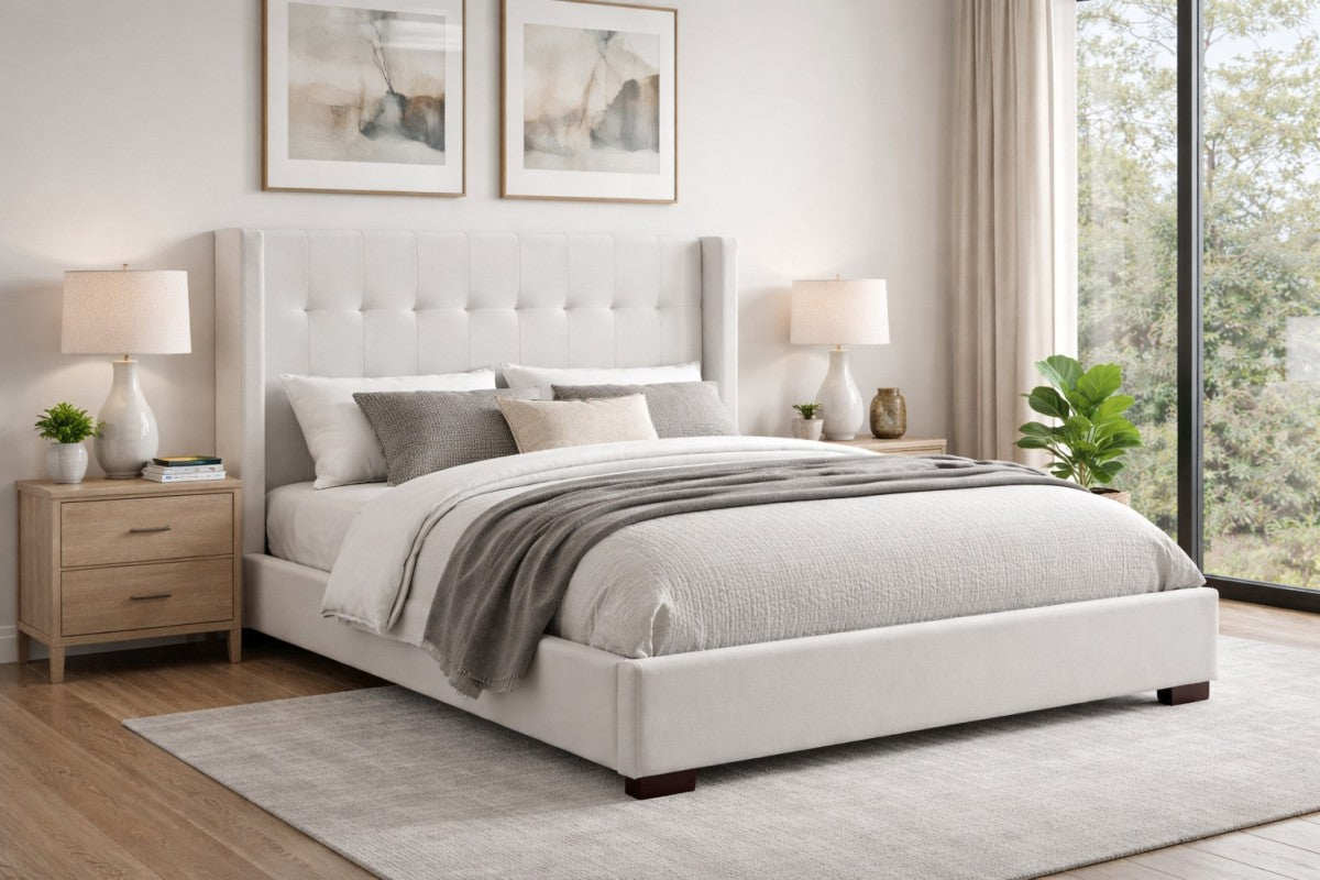 Button-Tufted Solid Wood Bed Frame – Beige