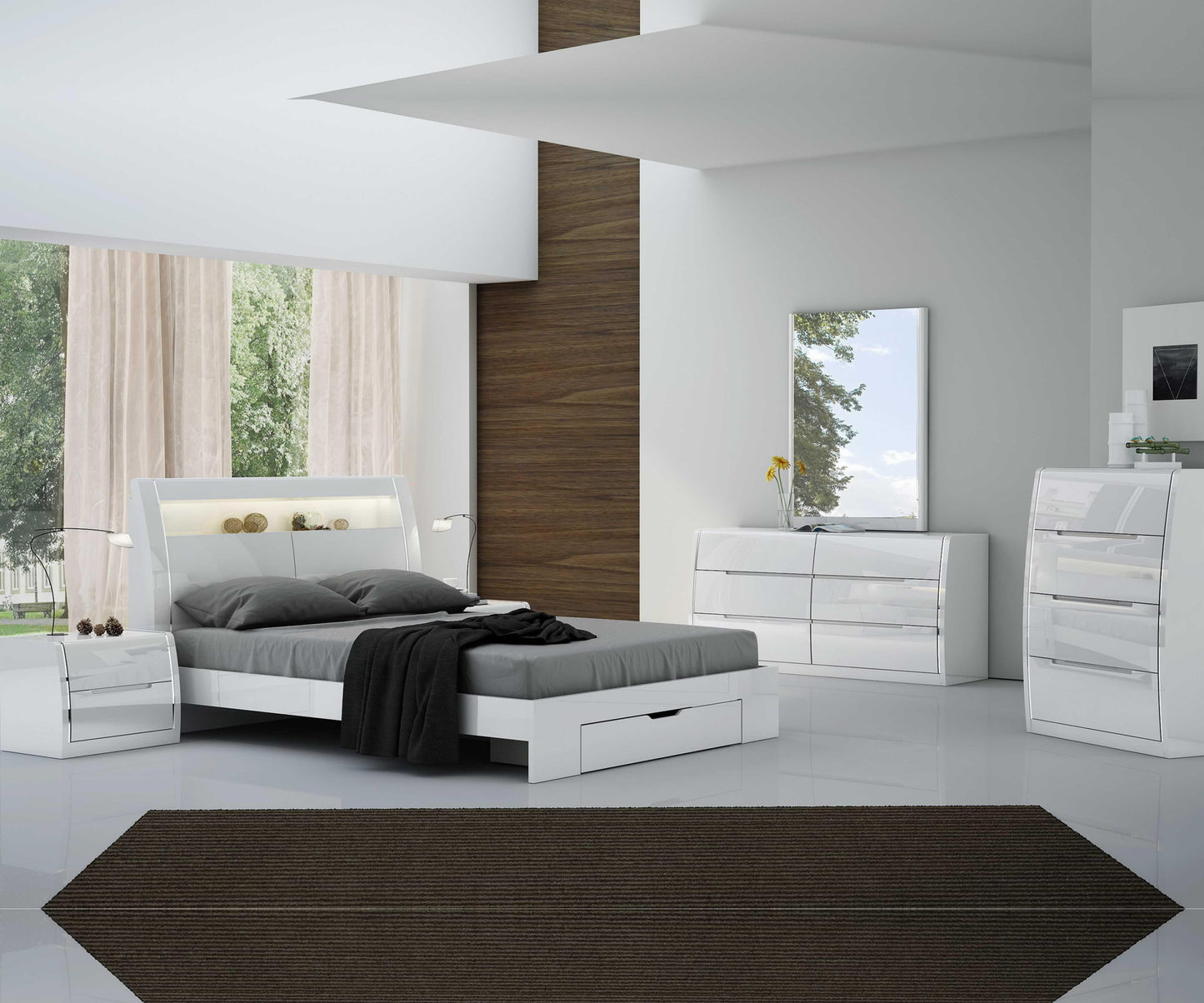 Phoebe Queen Bed Modern White Wood with LED & Storage Drawer
