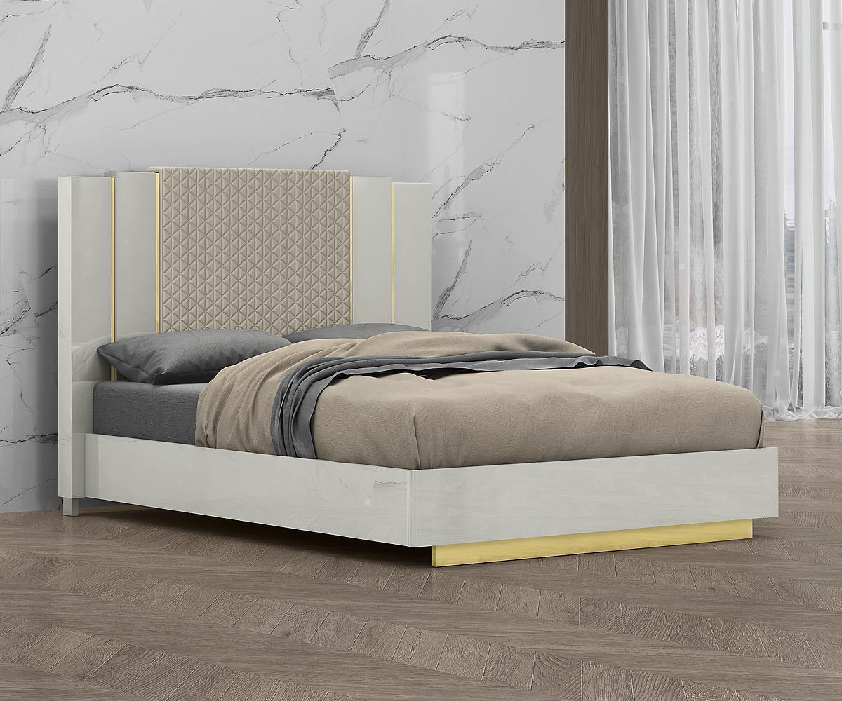 Elegant Grey Lacquer Wood King Bed with Tufted Headboard & Gold Accents
