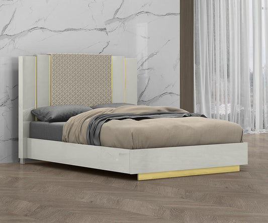 Elegant Grey Lacquer Wood King Bed with Tufted Headboard & Gold Accents