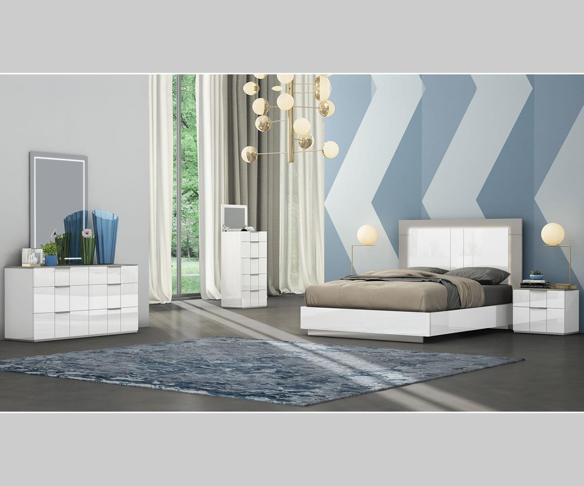 Modern Harvey Queen Bed: LED Headboard, White Gloss & Grey Matte Finish