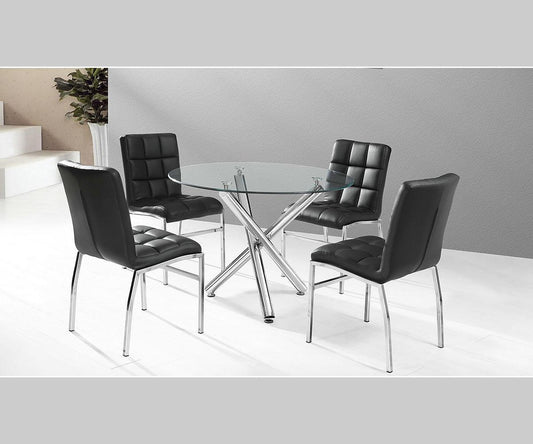 Weston 5-Piece Dining Set – 39" Round Glass Table, Black Tufted Faux Leather Chairs