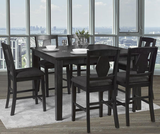 Sasha 6-Piece Pub Height Dining Set – 54" Square Solid Wood Pub Table, Dark Grey Upholstered Chairs & Bench