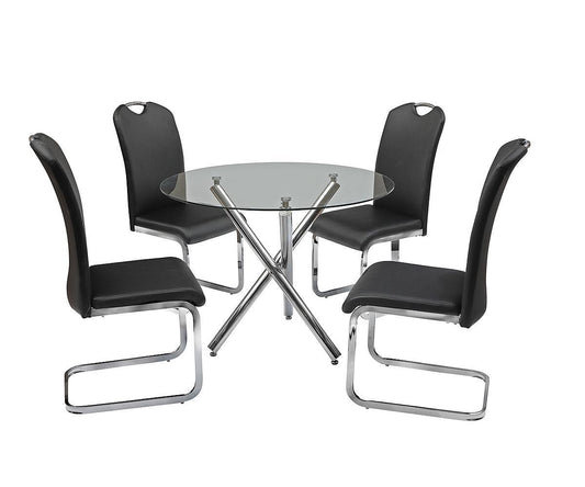 Modern Black Dining Set: Glass Table, Chrome Base, PU Upholstered Chairs