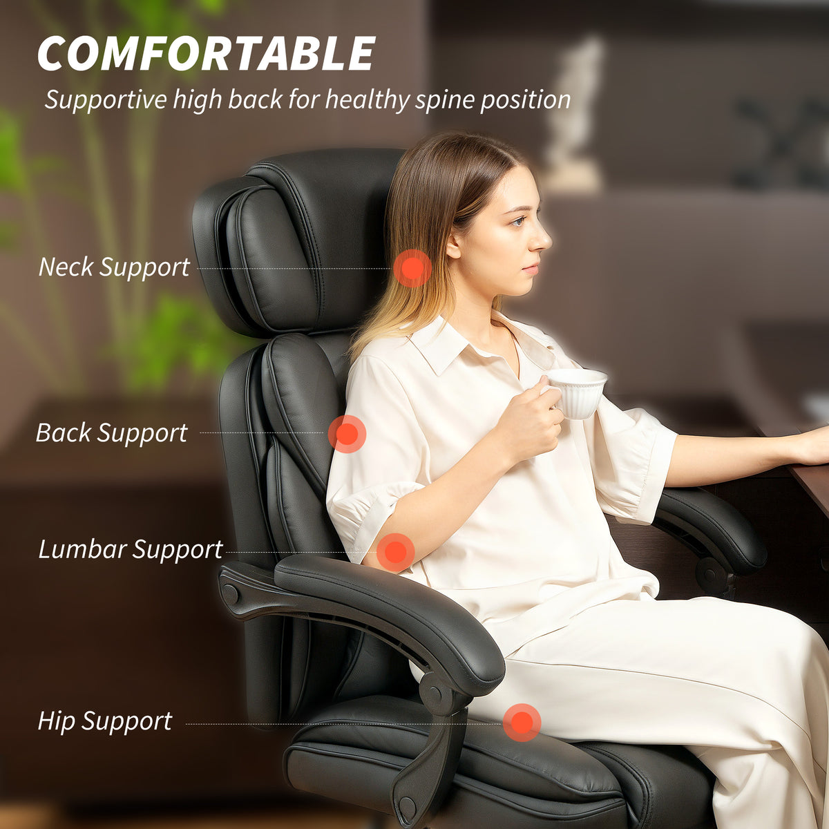 PU Leather Office Chair, Reclining Desk Chair with Footrest, Adjustable Headrest, Black