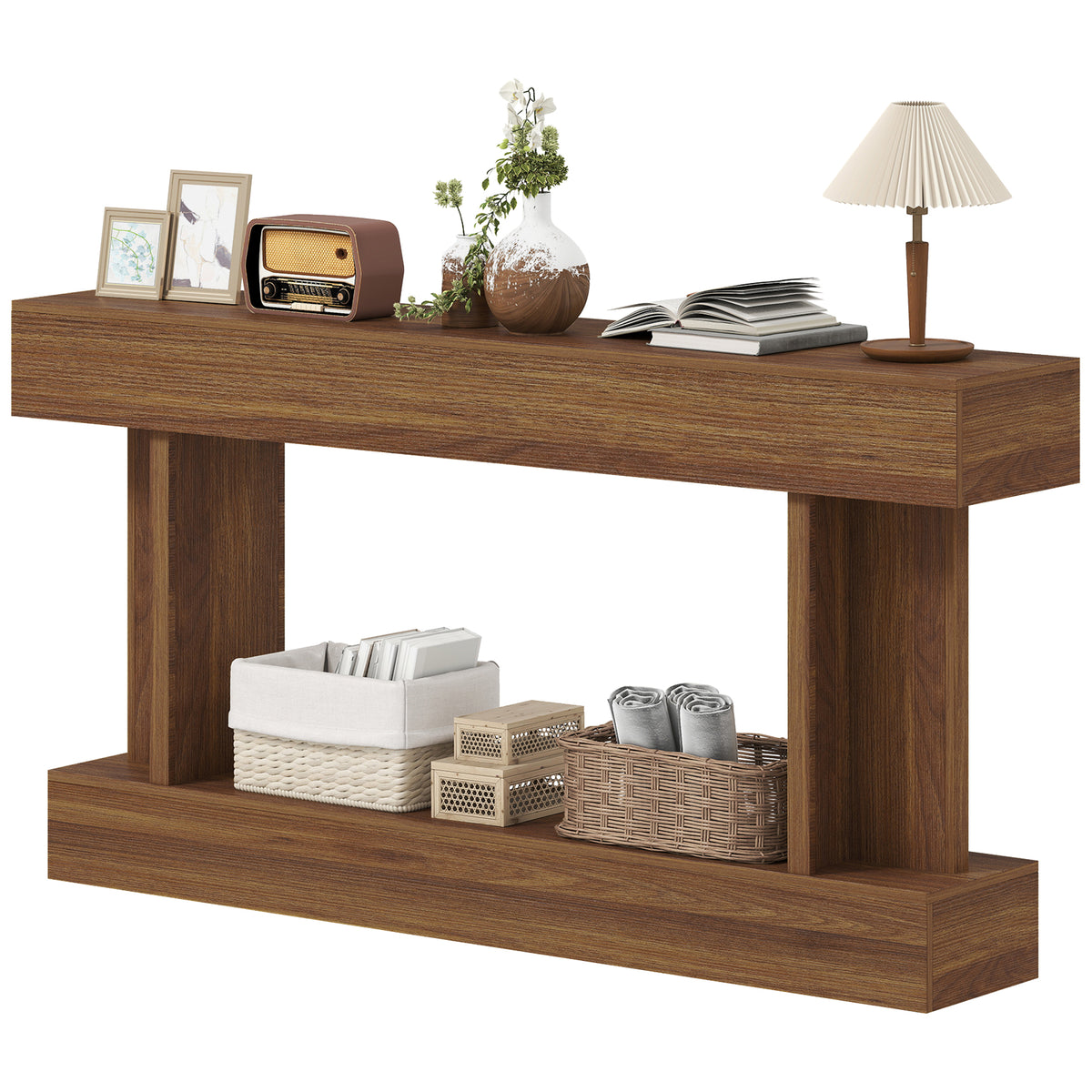 63" Long Vintage Console Table with Storage Shelf, Dark Brown
